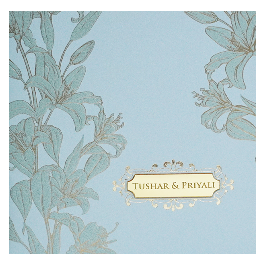Light Blue Floral Nameplate Wedding Card Design-KPR05380
