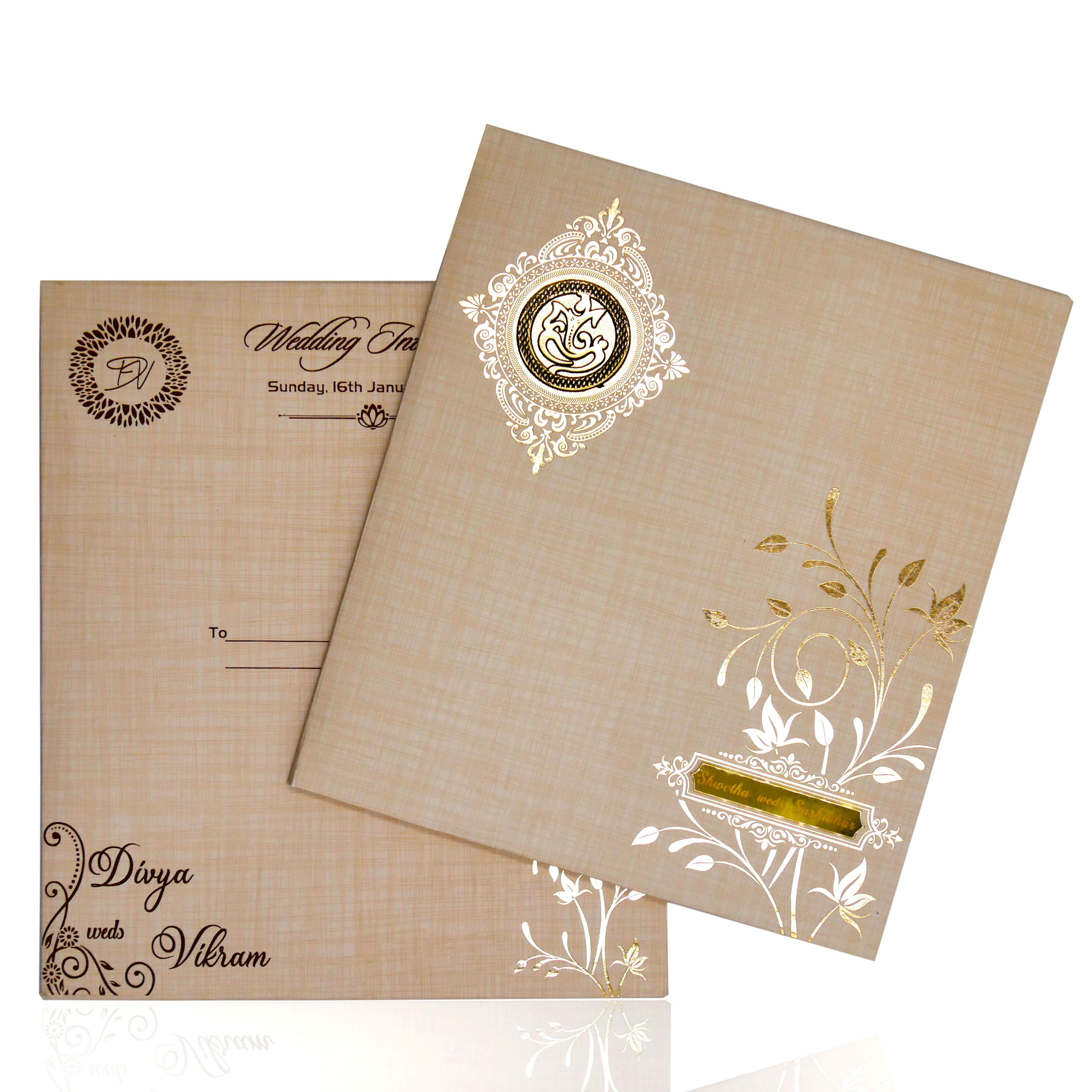 Sandal Padded Wedding Invitation In Gold Foiling-KNPS7501S