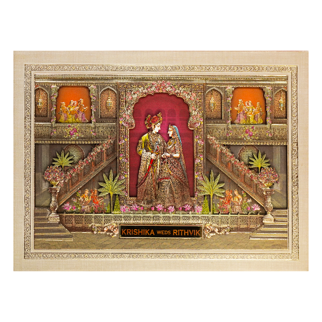 Cream Palace Theme Padded Wedding Card-KSI64010