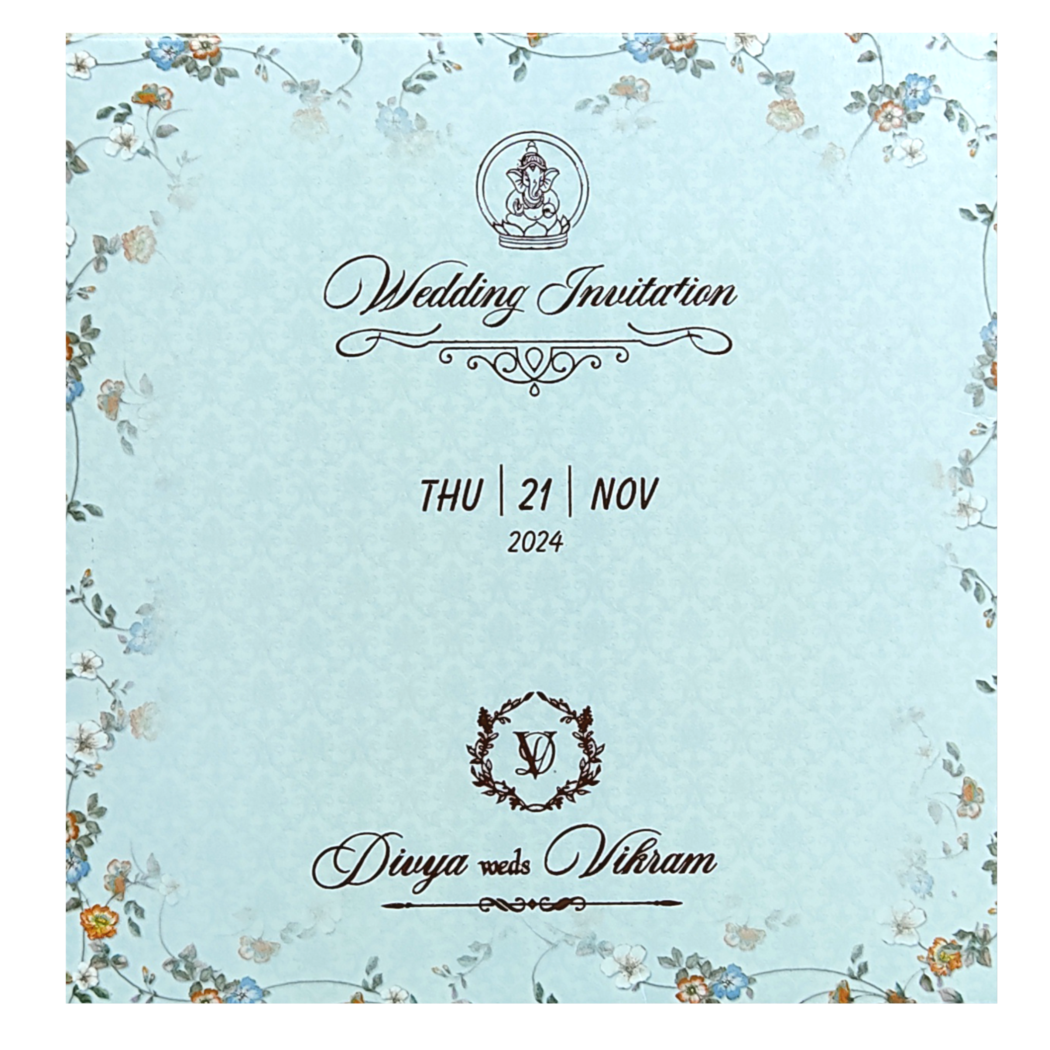 Blue Floral Bride Groom Slide Wedding Card-KNRDC01B