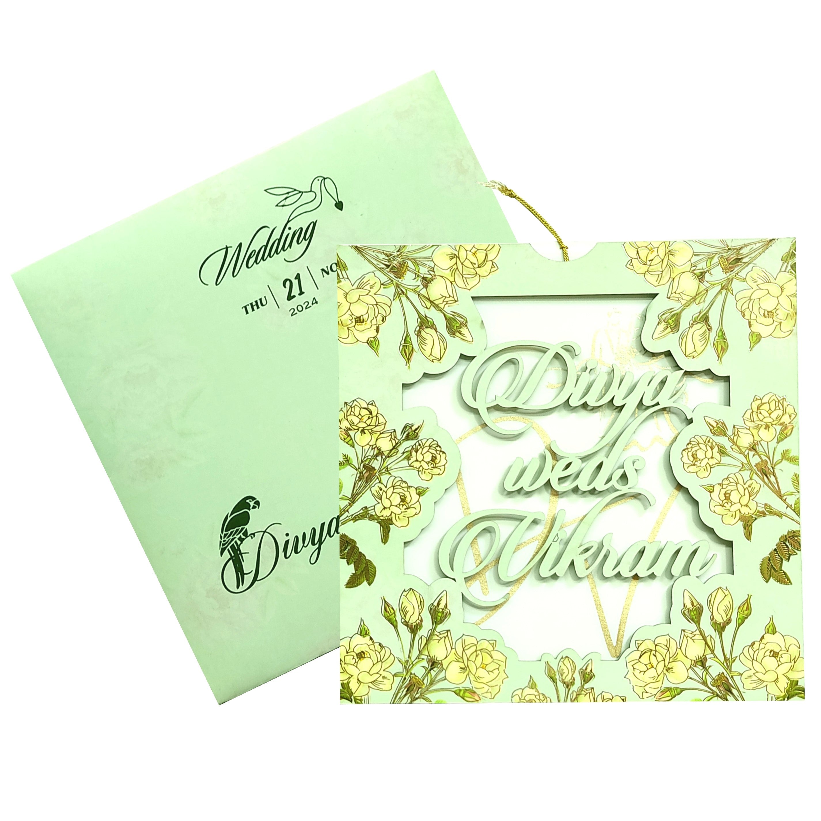 Green Floral MDF Invitation Card-King of Cards