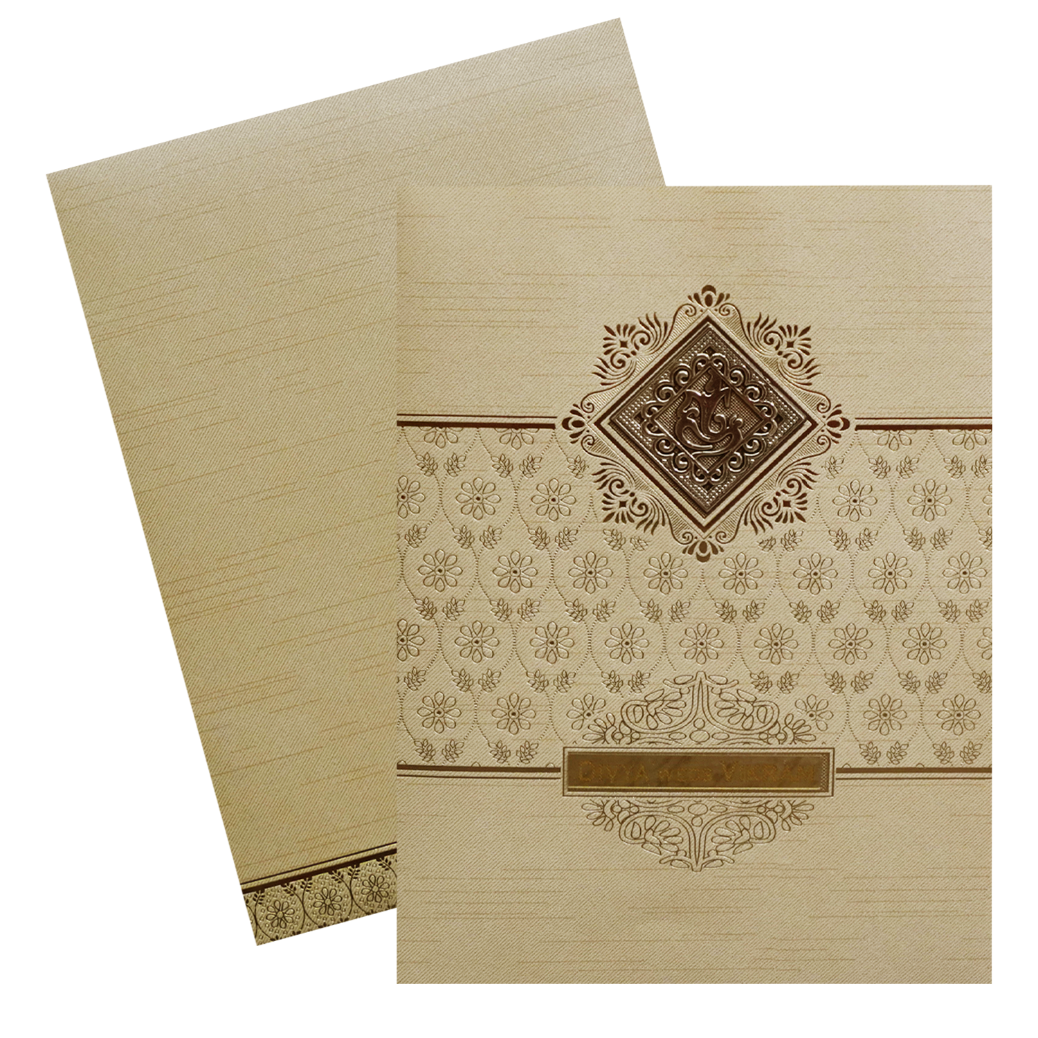 Cream Ganesha Nameplate Wedding Card-KNRM8706C