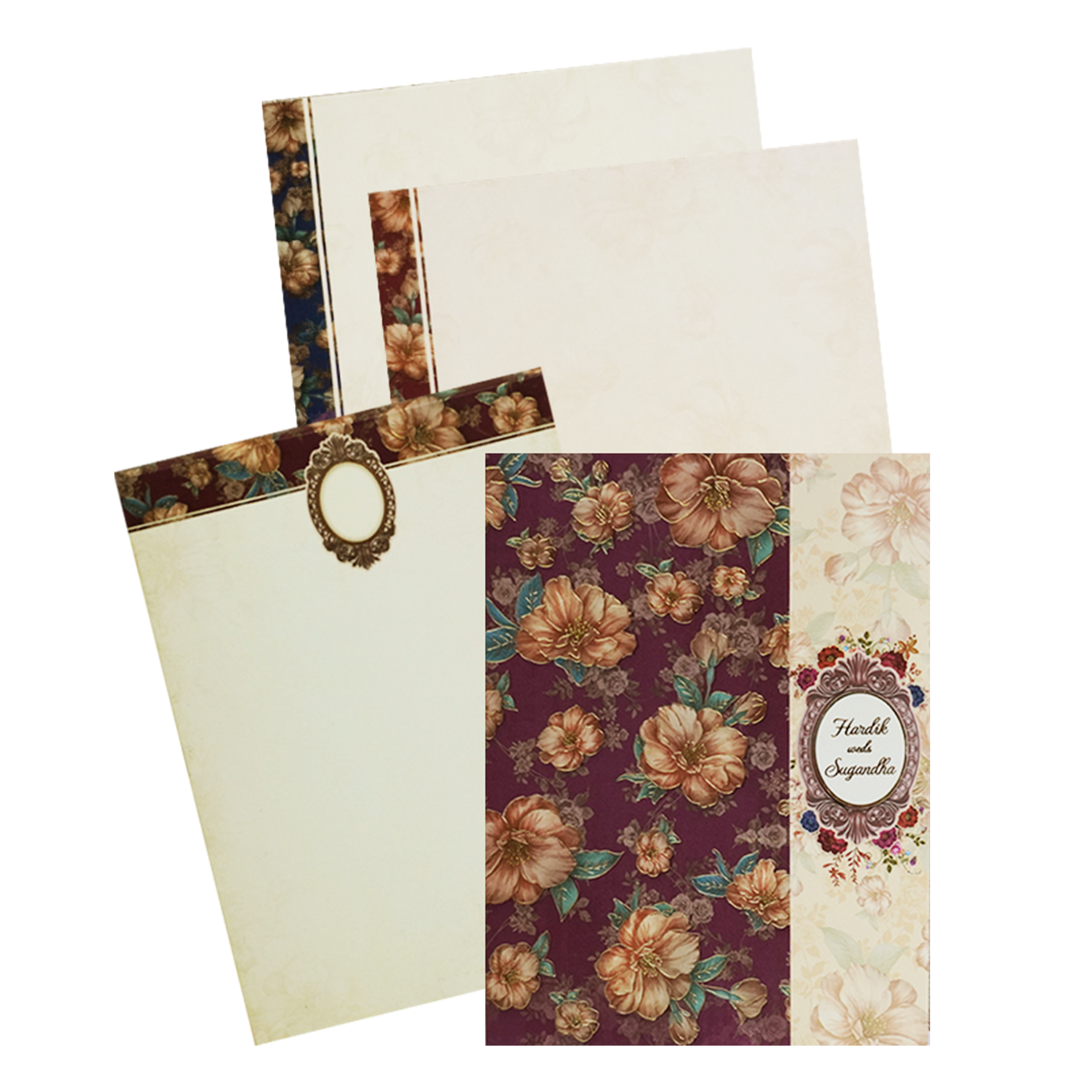 Maroon Cream Floral Door Padded Wedding Card-King of Cards
