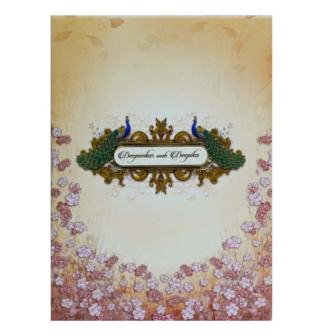 Peach Floral Peacock Padded Invitation Card-King of Cards