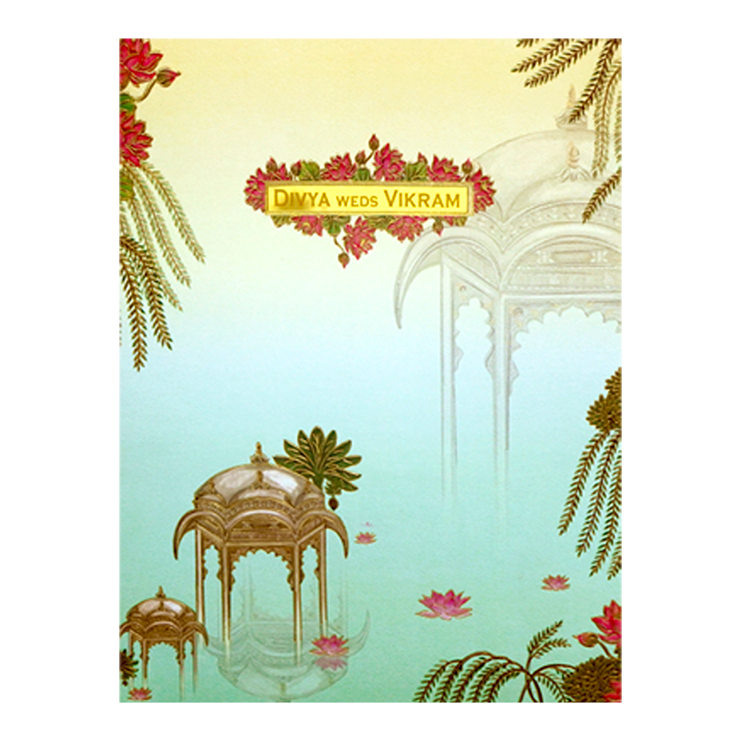 Pastel Green Lotus Pavilion Wedding Card-KNTY6808