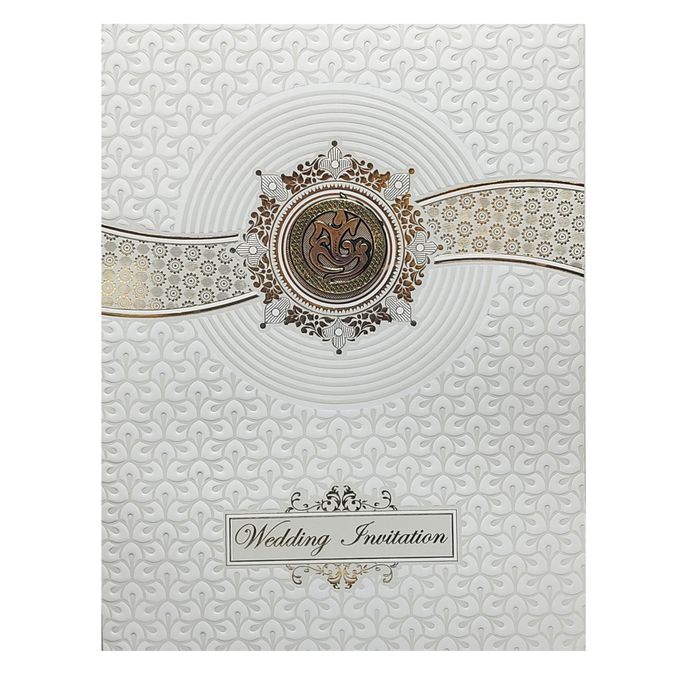 White Embossed Ganesha Wedding Card-KNK4105W