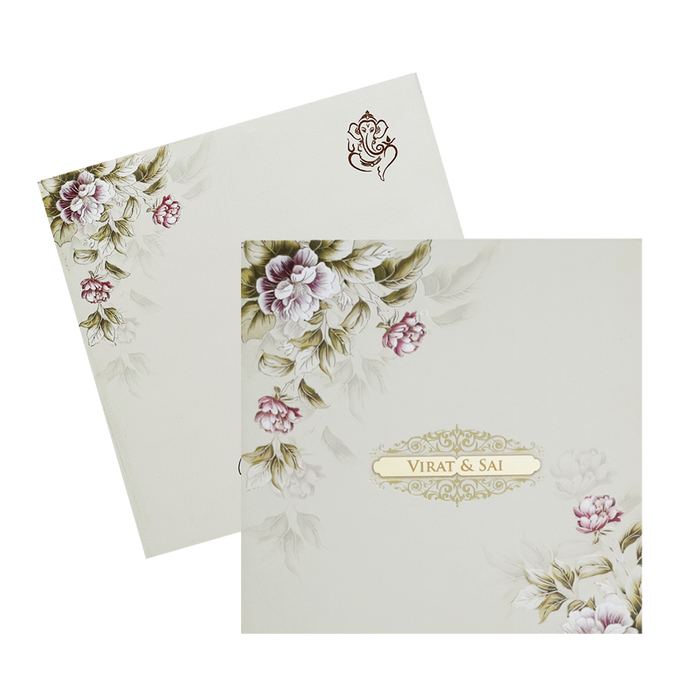 Beige Padded Floral Wedding Invitation Card-King of Cards