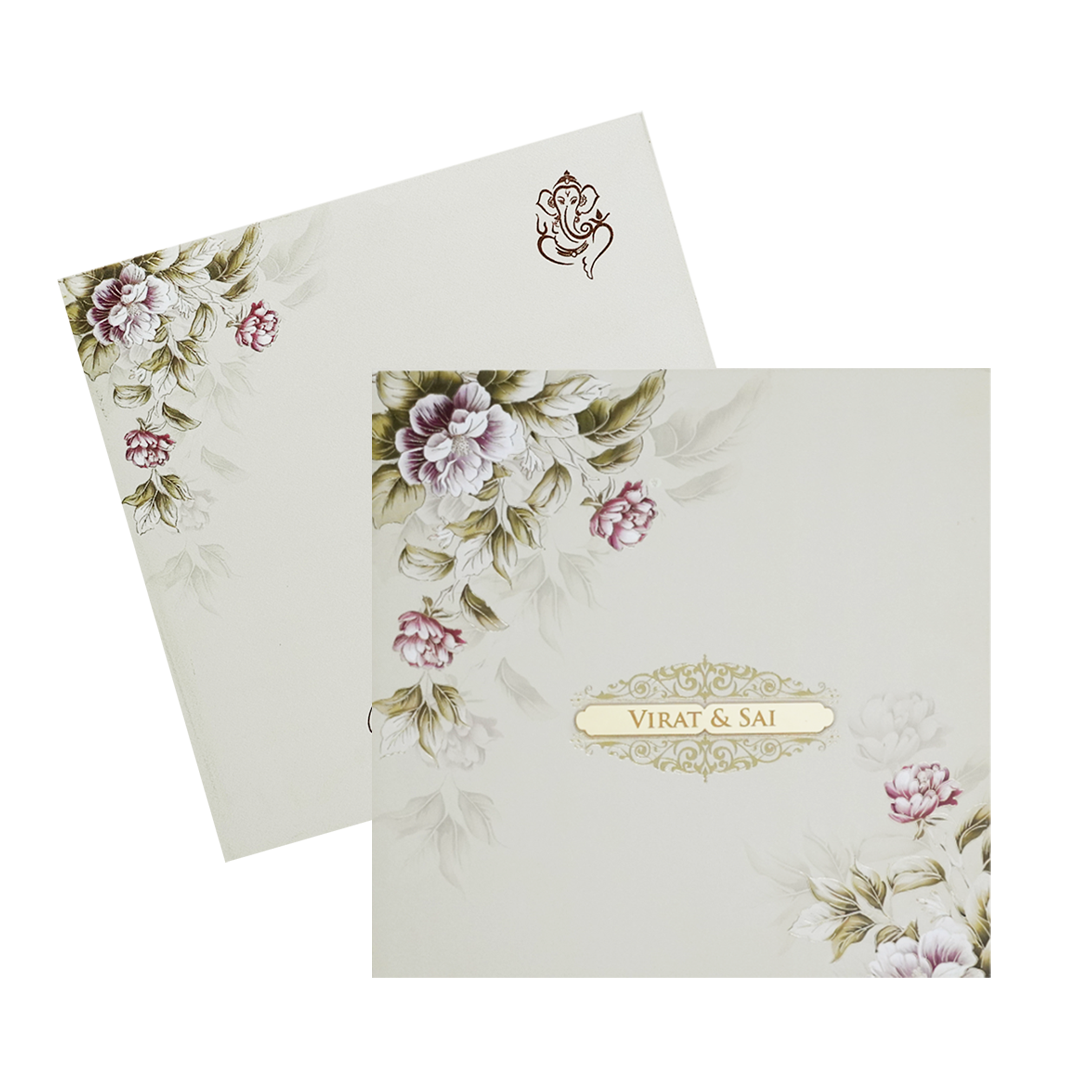 Beige Padded Floral Wedding Invitation Card-KPR23340