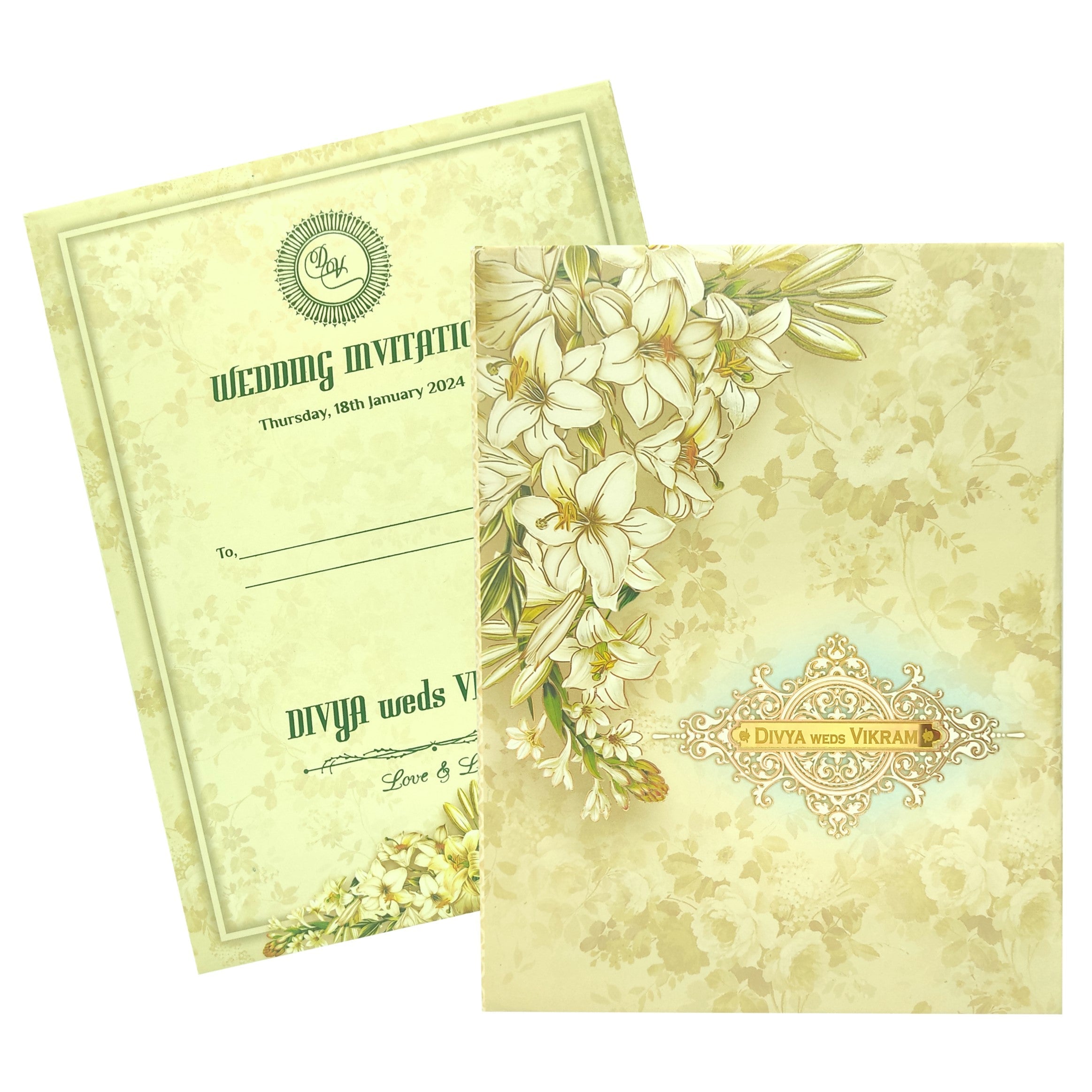 Cream Floral Padded Card In Offset Print With Name Plate-KNPO1505C