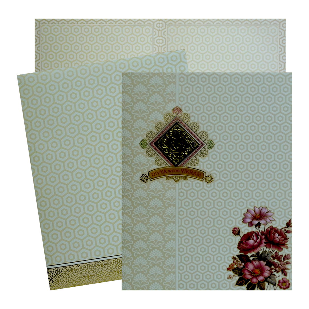 White Floral Nameplate Wedding Card-KNJP1202