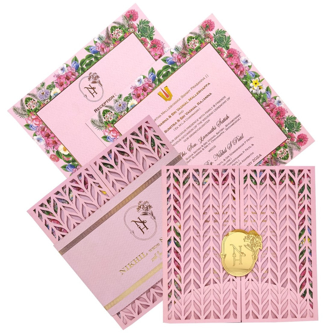 Pink Trendy Laser Cut Invitation With Gold Wedding Logo-KNKYP003