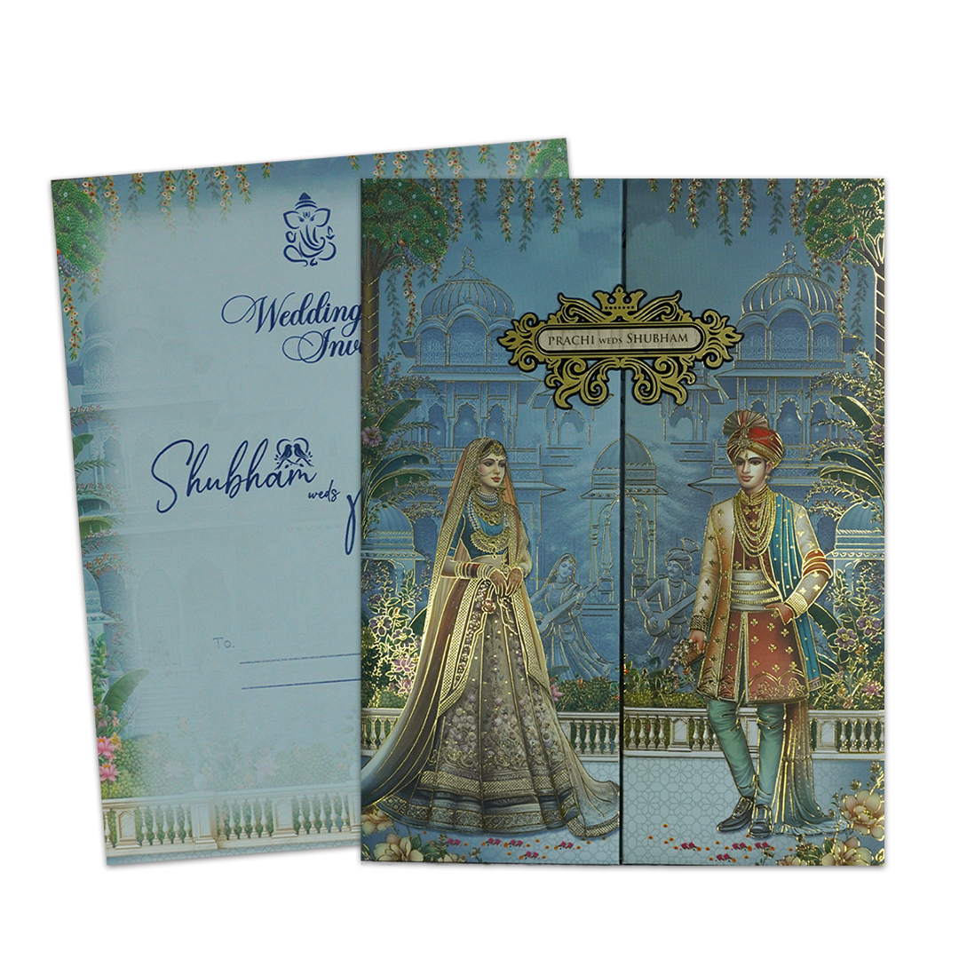 Blue Royal Couple Padded Wedding Card-KSH73150