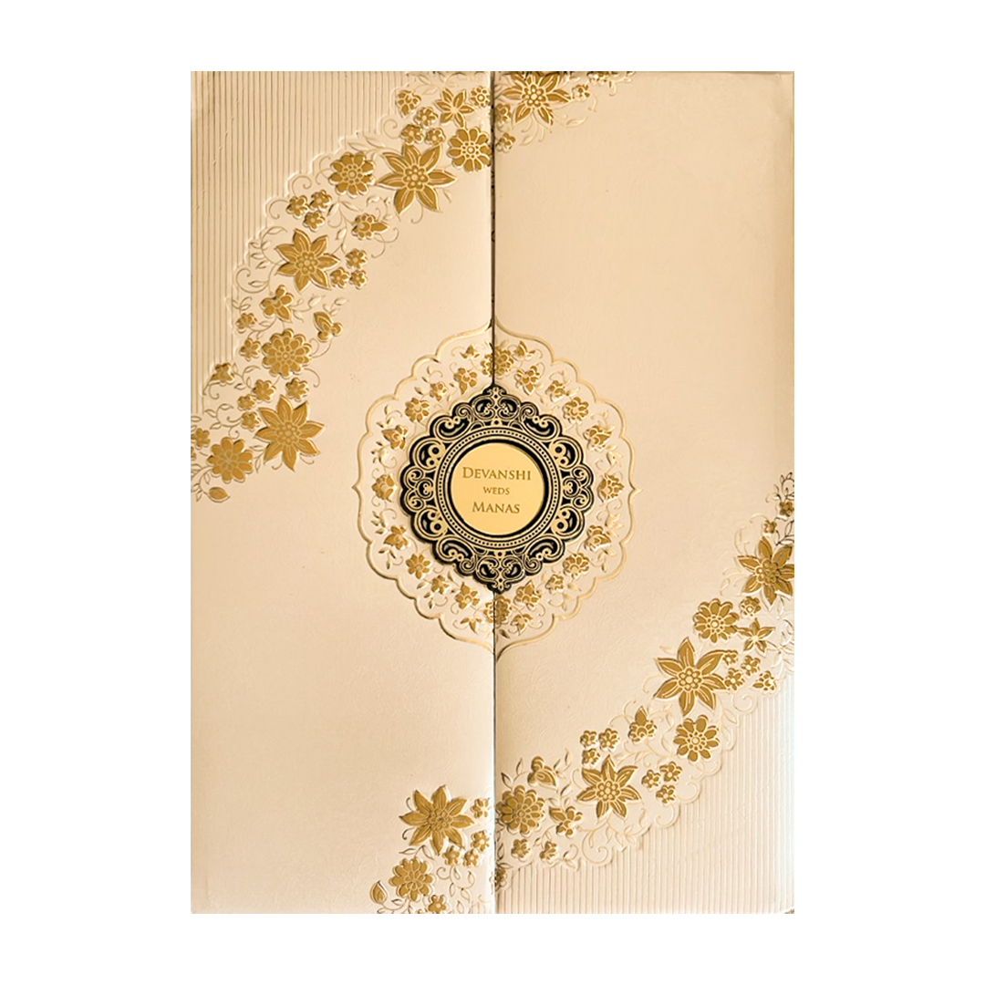 Check out Gold Floral Padded Wedding Card at best price. ✅WhatsApp Support ✅Express Delivery.|King of cards.