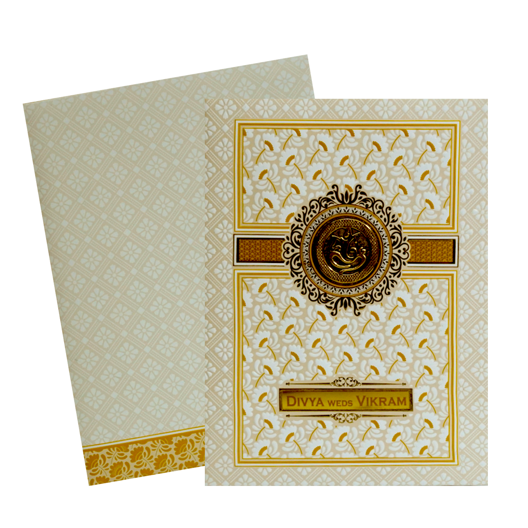 White Ganesha Nameplate Wedding Invitation-KNK7078W