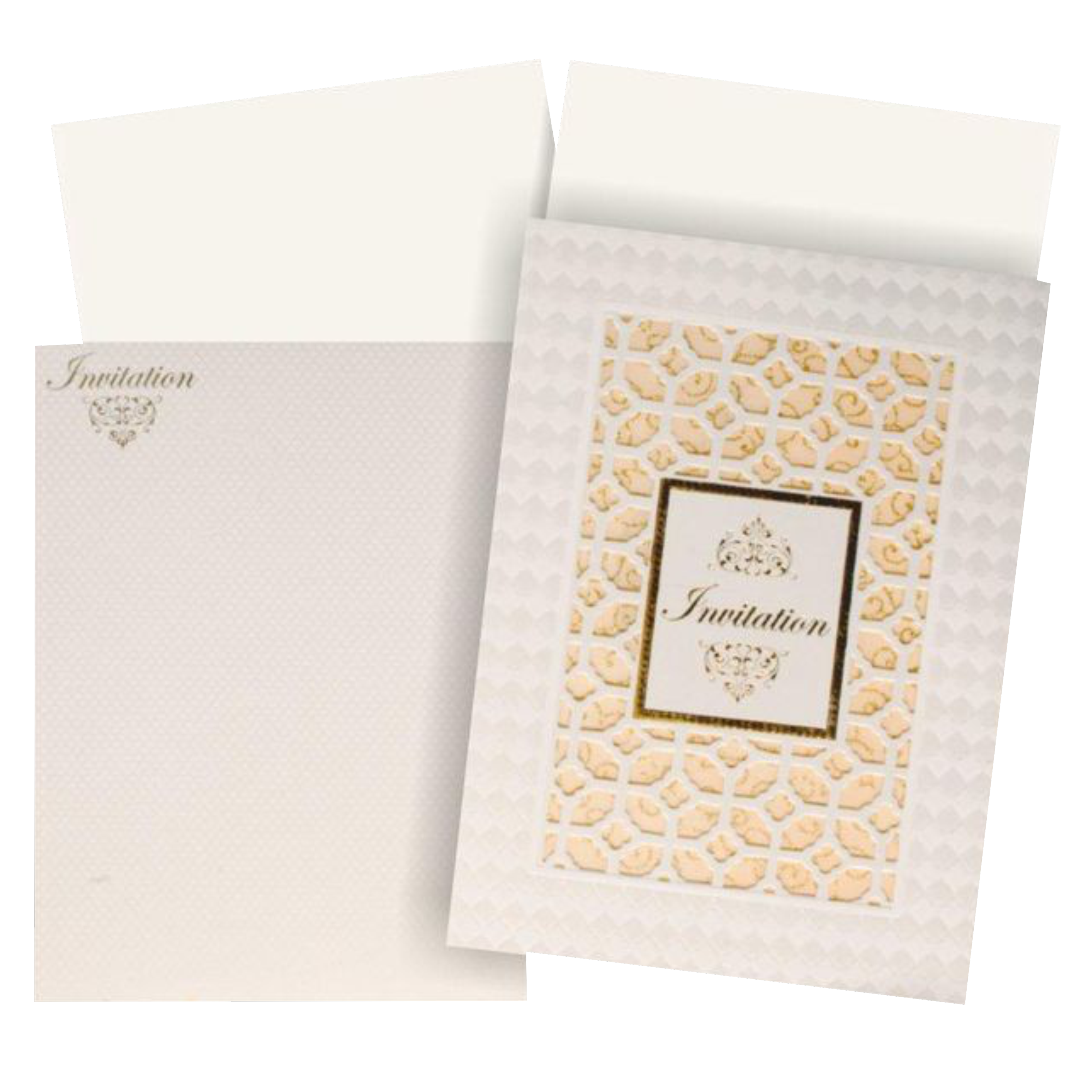 This wedding card is a designer card with blossom theme all around it. A Gold foiling design is placed at the centre with laser cut design surrounding it. This wedding card is a vertical sort card with a conventional opening which weighs around 80 grams. This card has a single long insert with a box type cover. This card is a fast moving card with a reasonable price. Reach us to know more about the card and printing option.