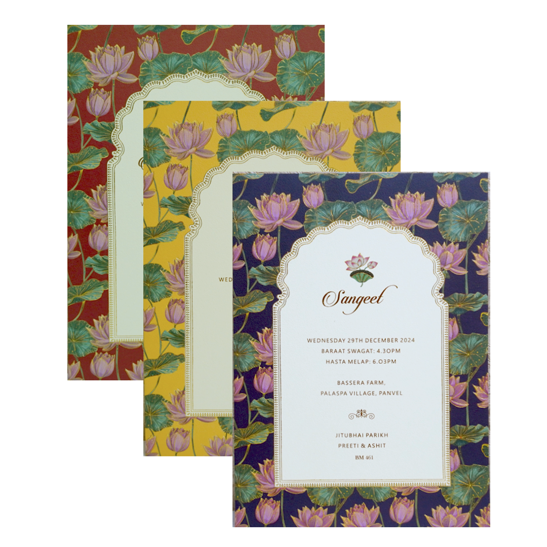 Cream Floral Lotus Wedding Card-Kbm04610