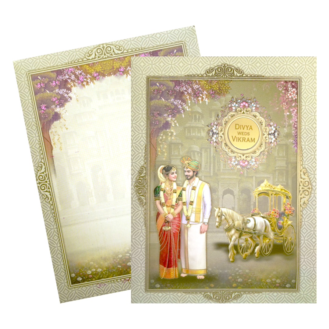 Green Bride & Groom and chariot Wedding Card-KNKC4080