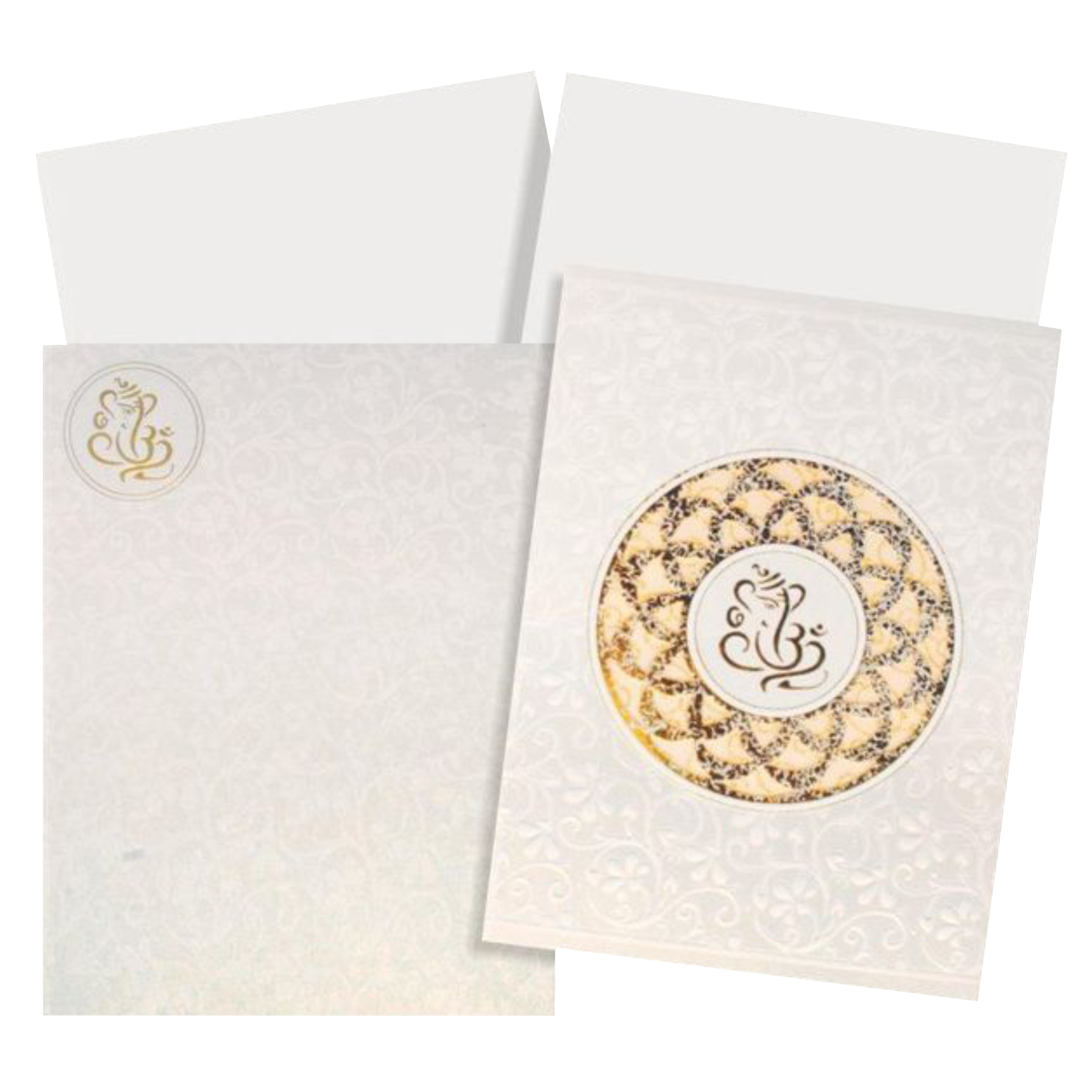 This wedding card is a designer card with a pristine white shading. This card has flower theme all around it in white shading. A Ganesha is placed at the centre with gold foiling laser cut flower design surrounding it. This wedding card has a fold-able single insert with a box type cover. The insert can be made into two inserts if needed. Make your wedding awesome with this card. Get in touch with us to know more.