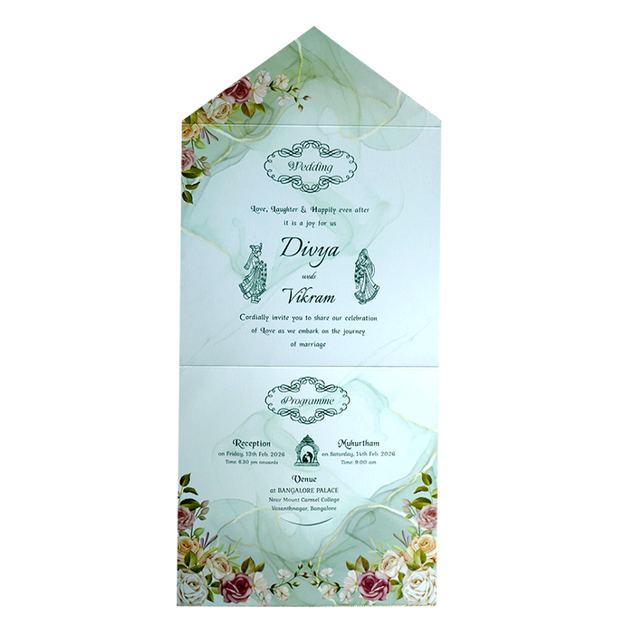 Pastel Green Floral Threefold Invitation Card-King of Cards