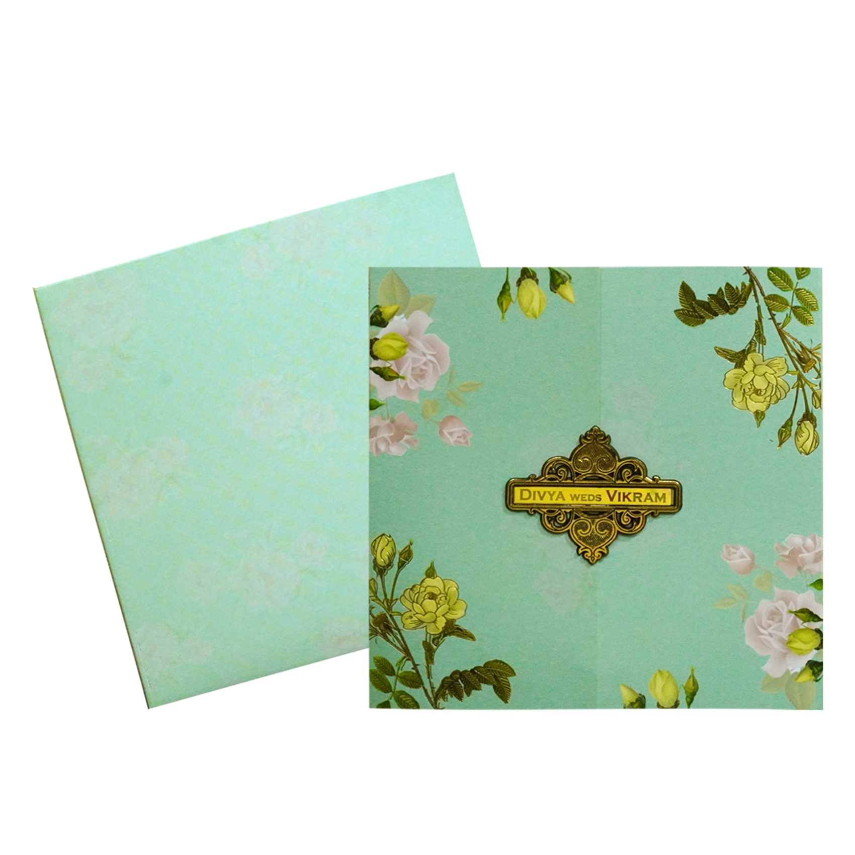 Green Floral Nameplate Wedding Card-KNKD8104