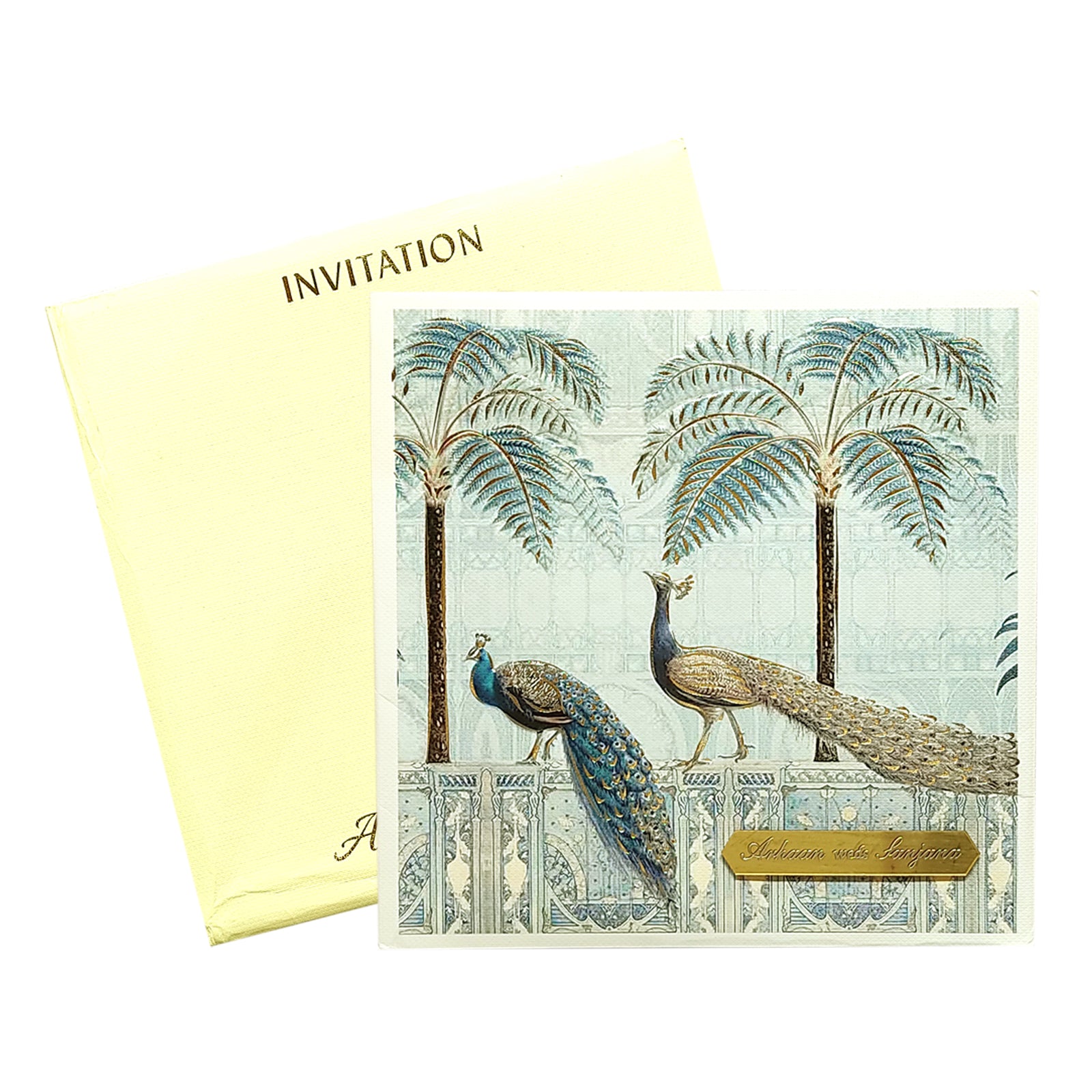 Blue Peacock Padded Nameplate Invitation Card-KRC29810