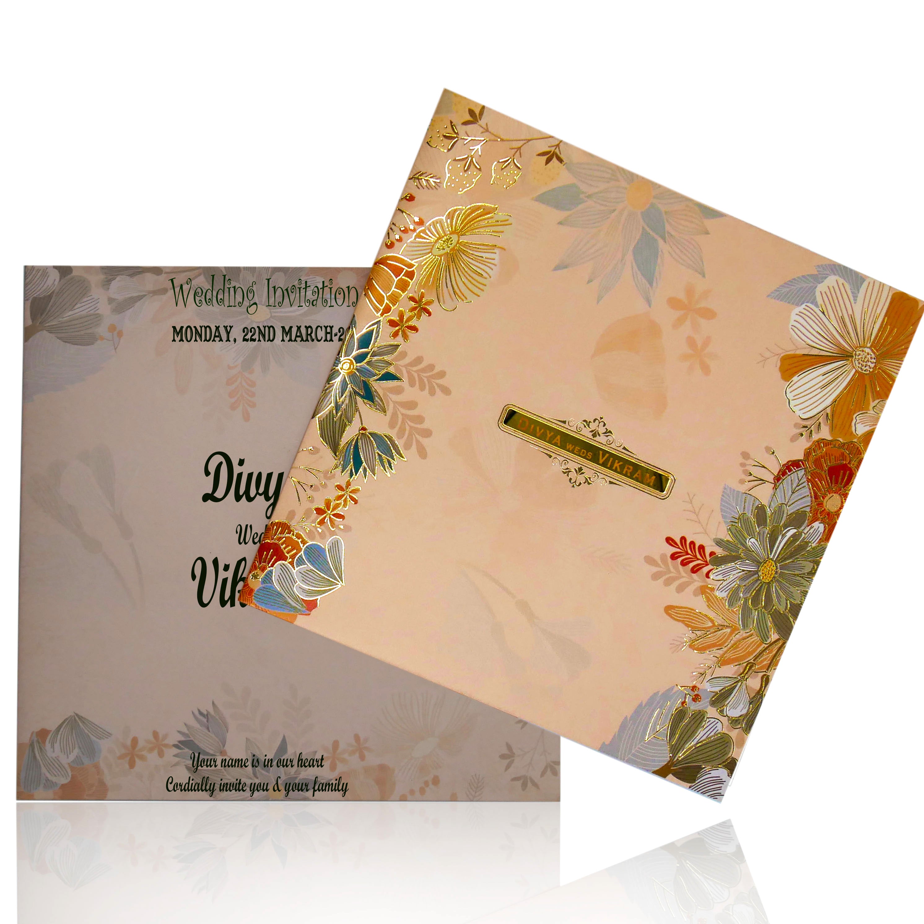 Orange Offset Floral Wedding Card With Name Plate and Gold Foiling-KNBY5405