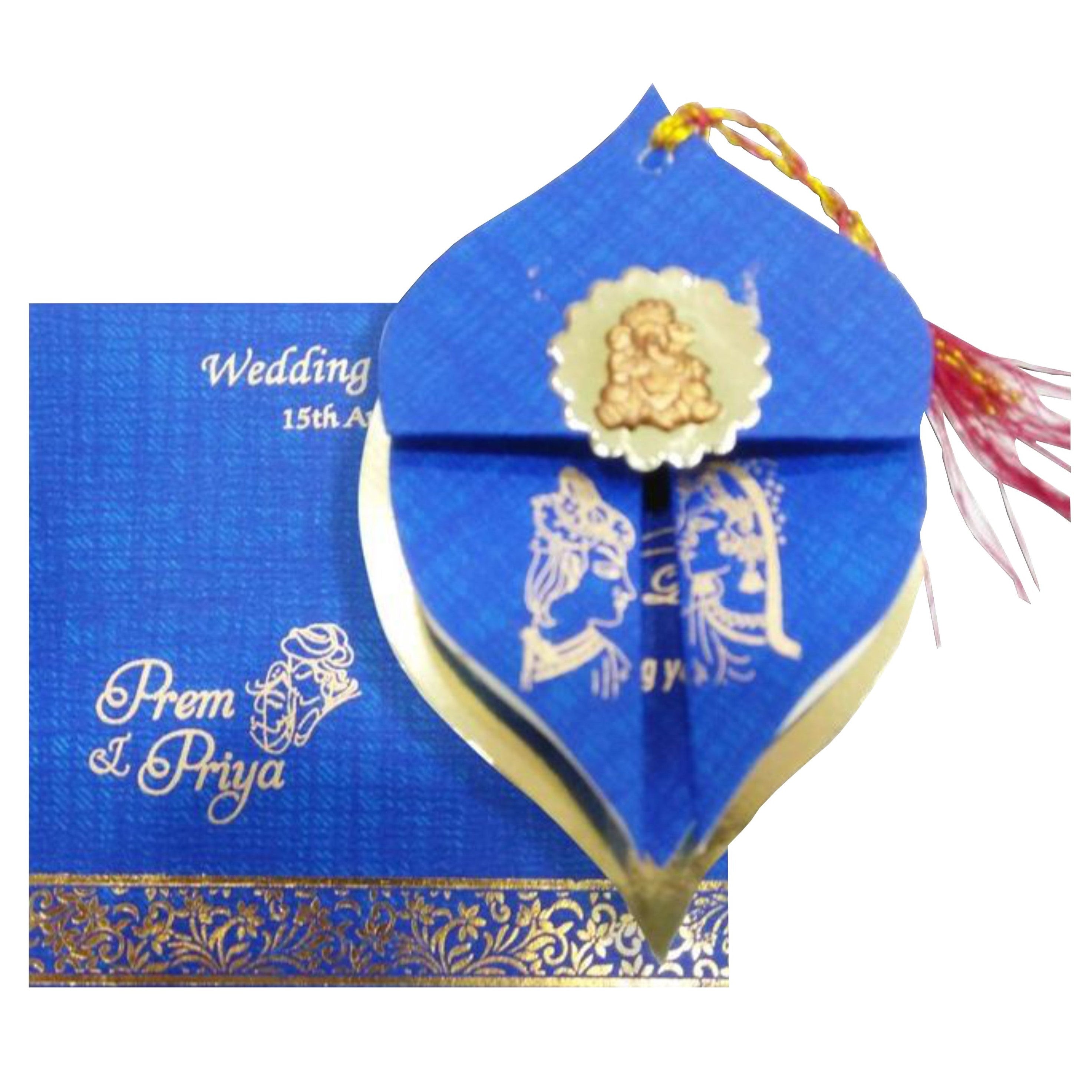 Blue personal coconut design card with gold sheet backside and gold thread with ganesha sticker sticked front of card and red envelope unique design