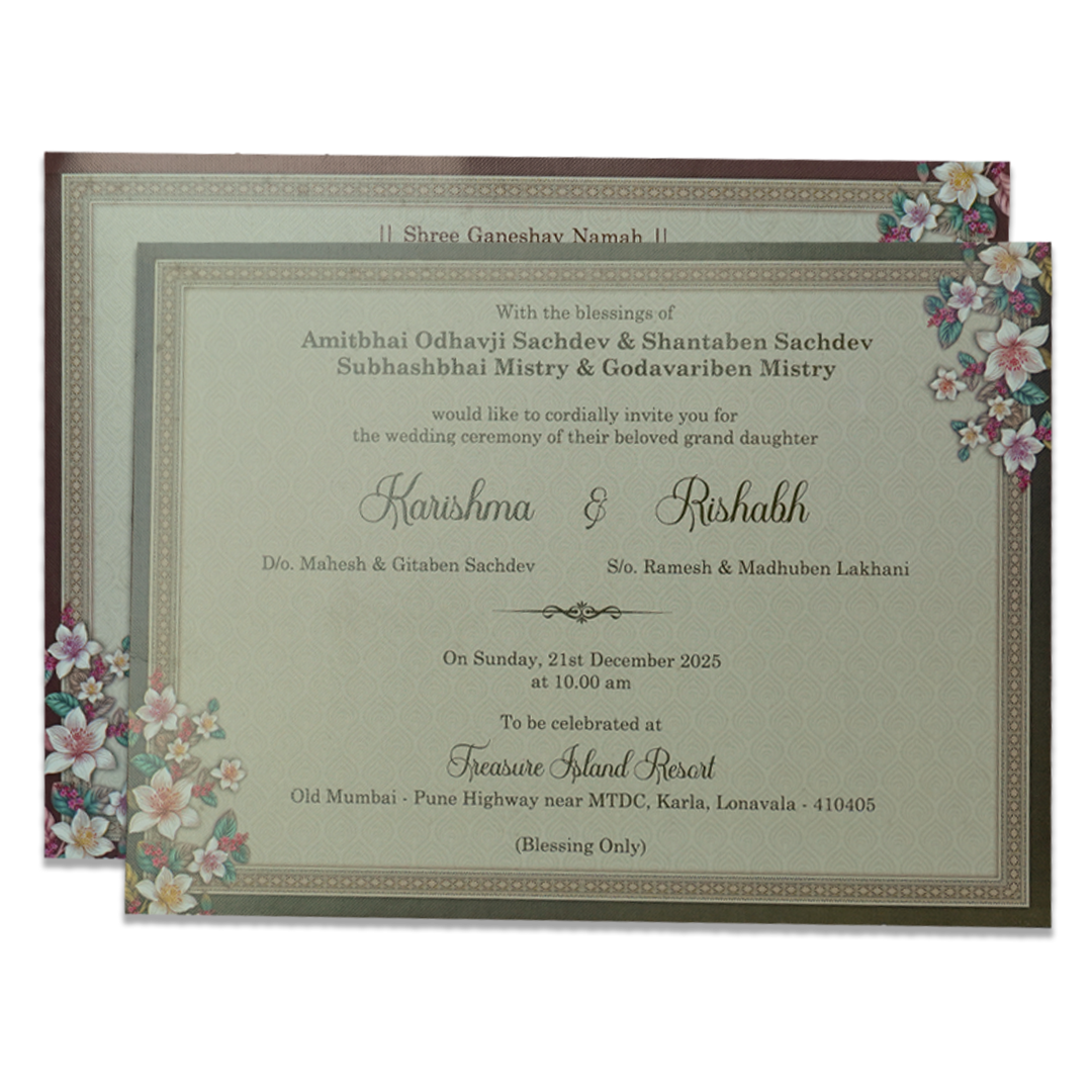 Green Floral Monogram Padded Wedding Card - KSI64120