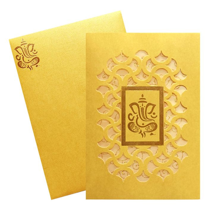 Gold Die Cut Floral Invitation Card With Ganesha-KNCW17GG-King of Cards
