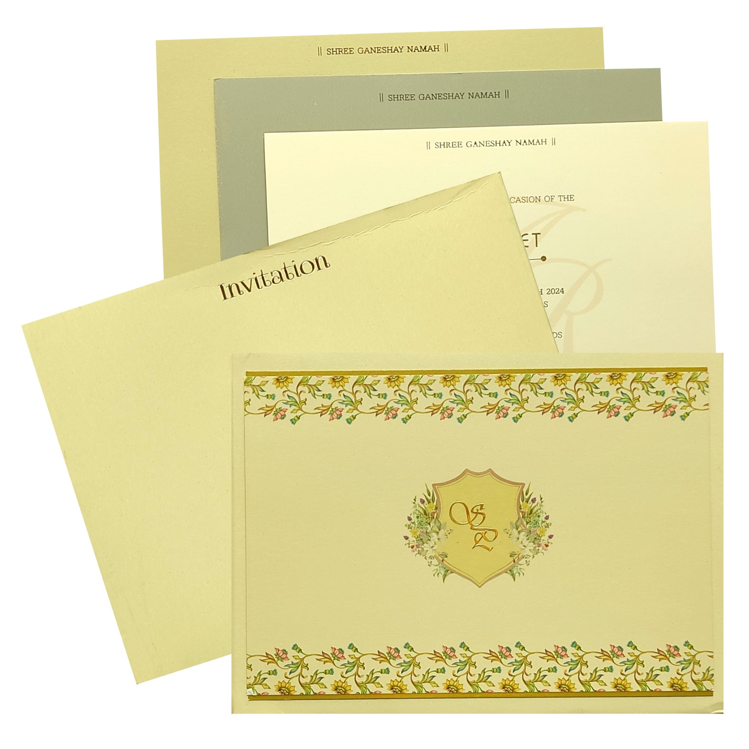 Selling Sandal floral padded invitation card online. Buying invitation cards made easy with King of Cards! &