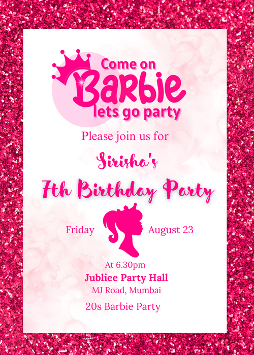 Pink Barbie Kids Birthday Invitation-AAKBI005