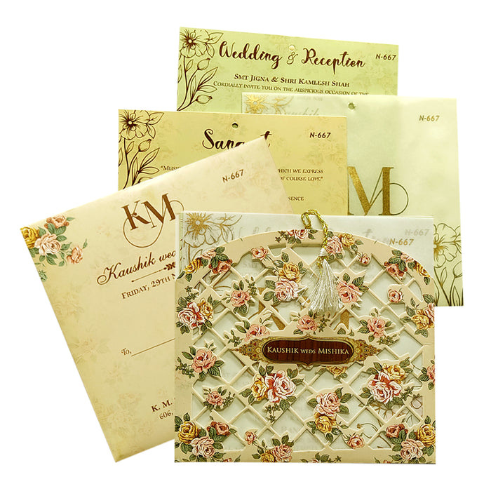 Cream Beige Tracing Sheet Wedding Card-KVN06670