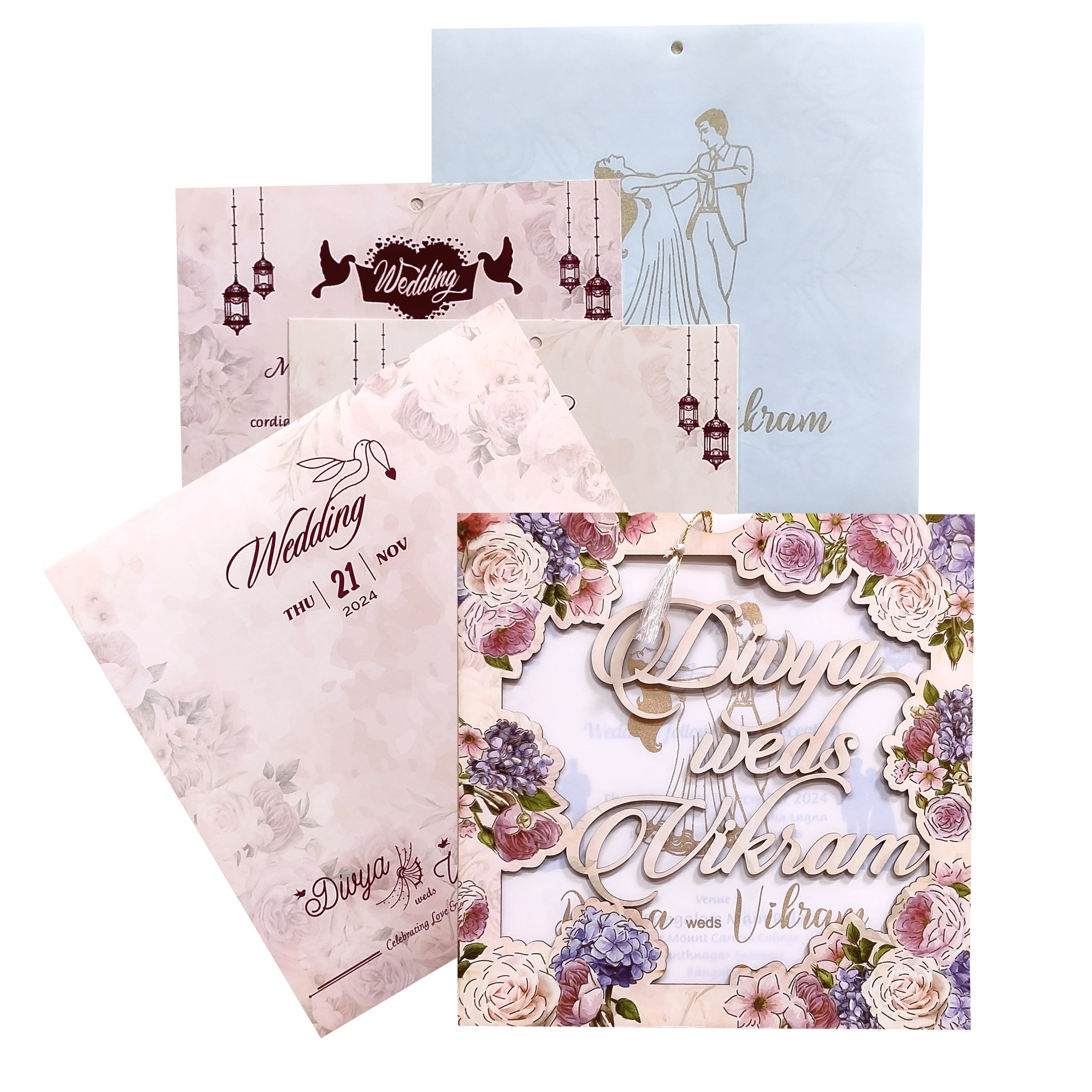 Peach Floral MDF Laser Cut Wedding Card-KNPL5804