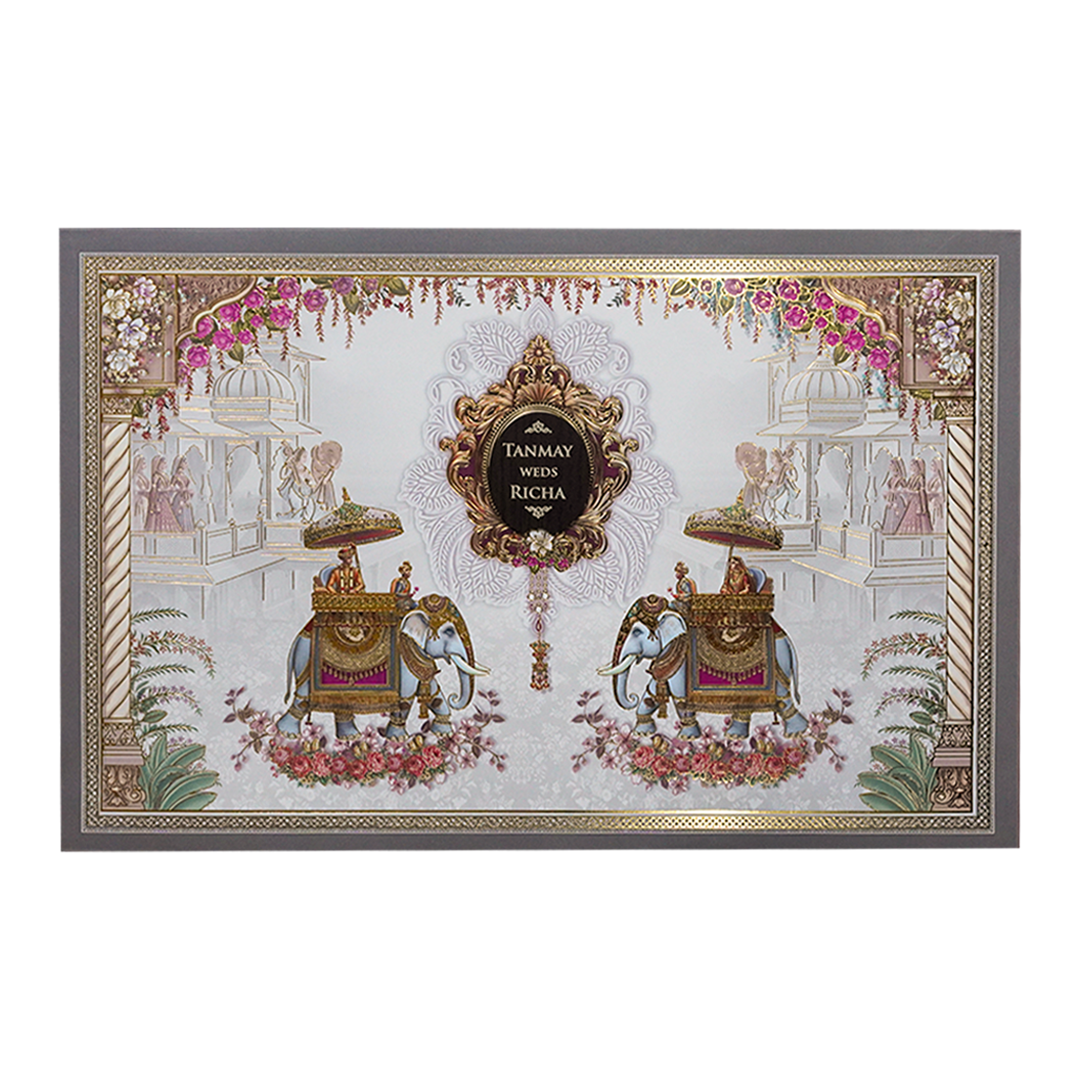 White Palace Elephant Padded Wedding Card-KSH72100