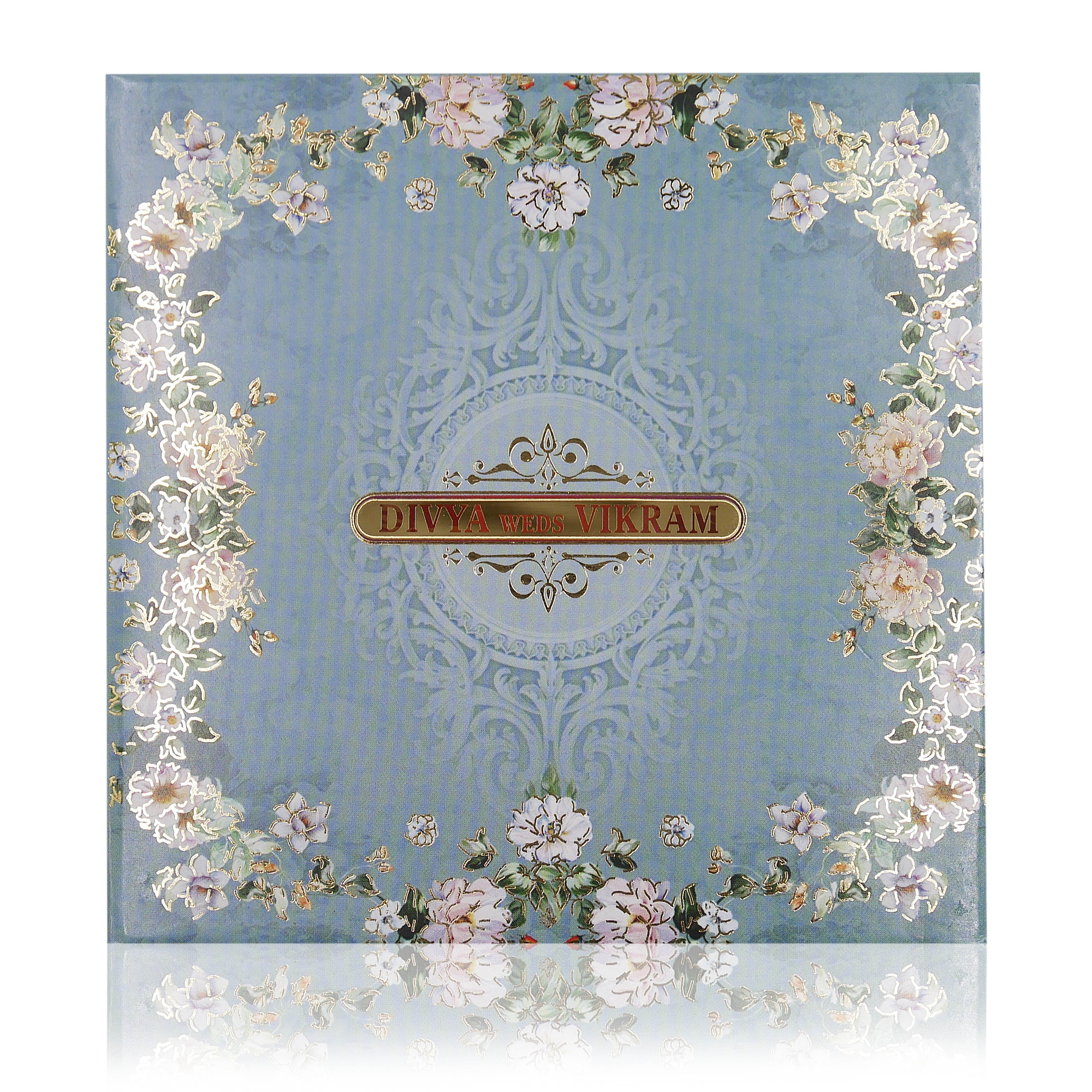 Blue Premium Padded Floral Card With Gold Border-KNC5601B