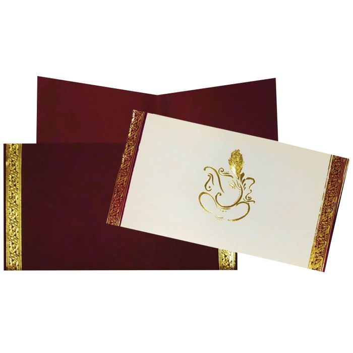 Selling Maroon envelope with gold ganesha print on whtie cover invitation card online. Buying invitation cards made easy with King of Cards! &