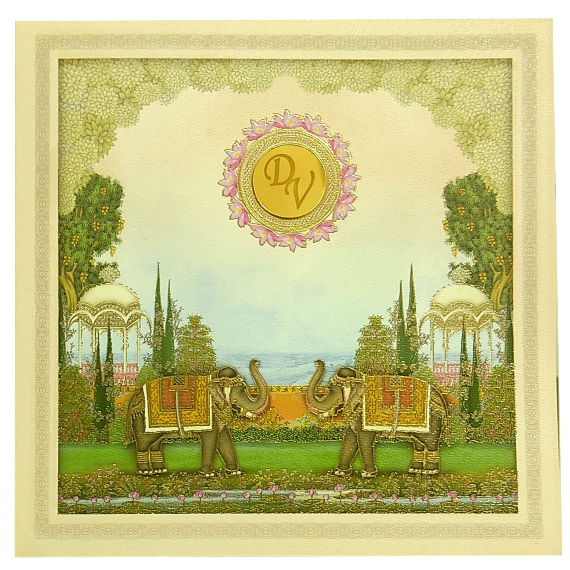 Cream Pink Floral Elephant Invitation Card-KNKD8102