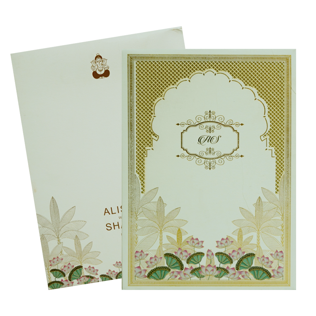Cream Floral Lotus Wedding Card-Kbm04610