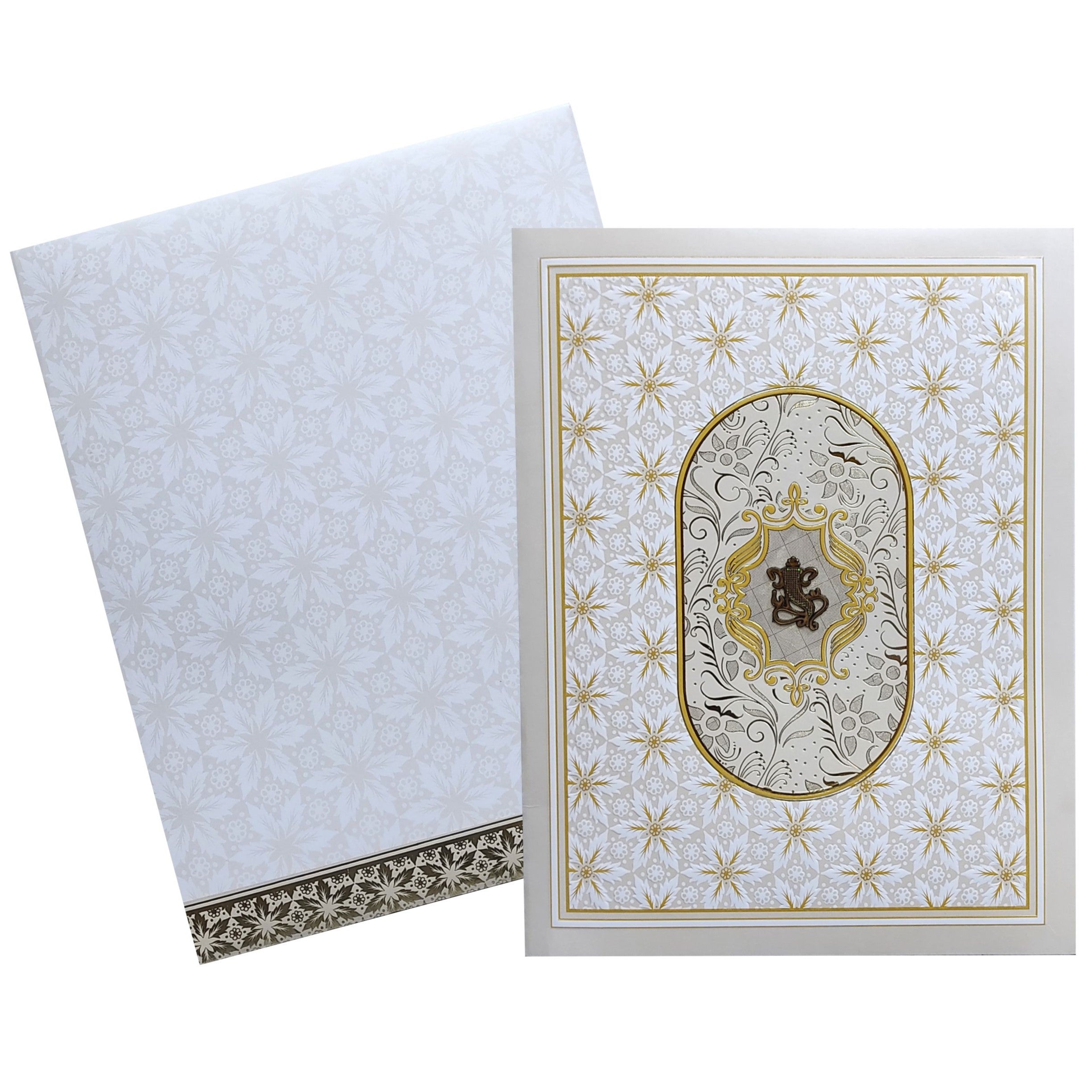White Ganesha Gold Embossed Wedding Card-KNJS2078
