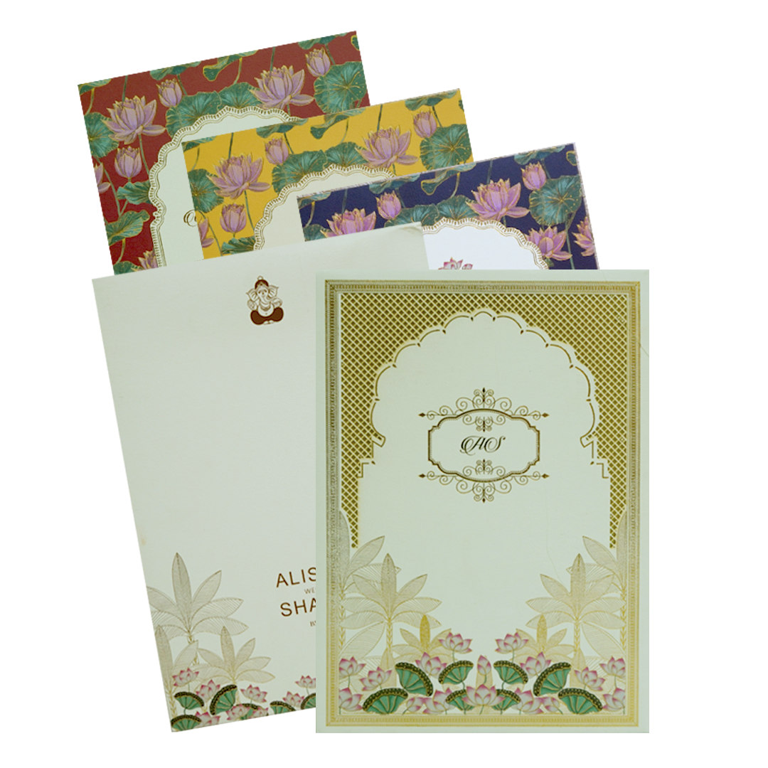Cream Floral Lotus Wedding Card-Kbm04610