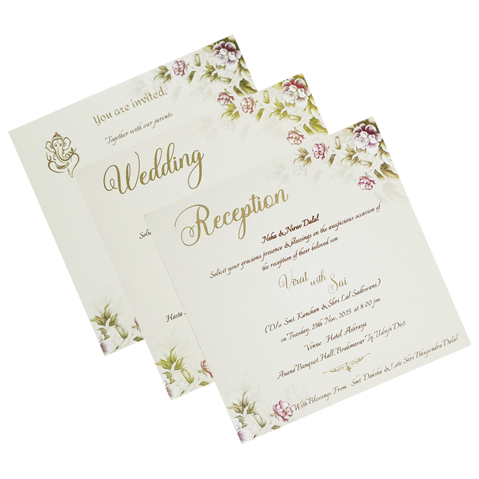 Beige Padded Floral Wedding Invitation Card-King of Cards