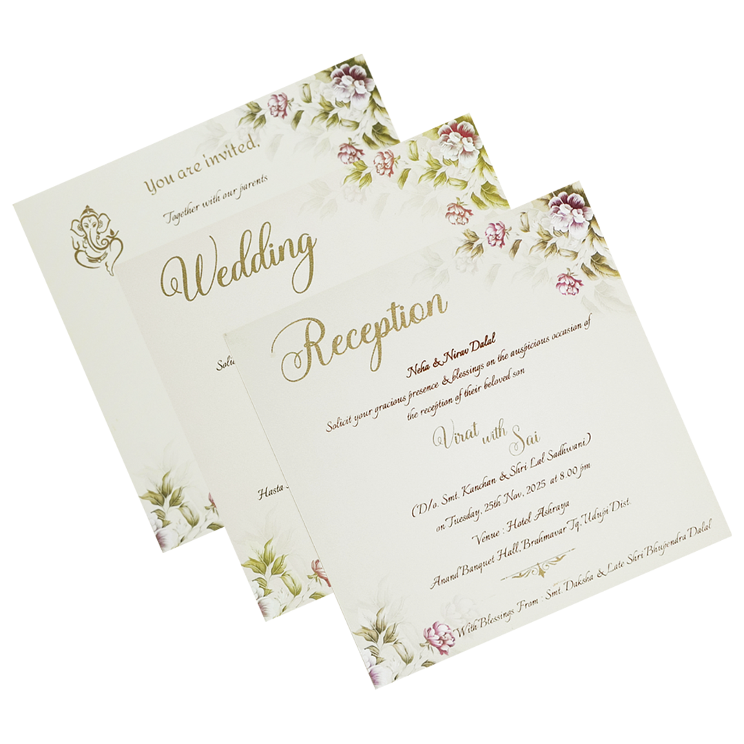 Beige Padded Floral Wedding Invitation Card-KPR23340