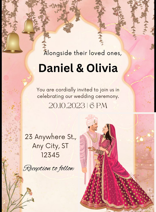 Pink Bells Caricature Wedding Invitation-AACAR014