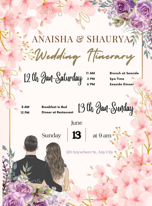 Pink Flower Wedding Itenary Invitation-AAWII027