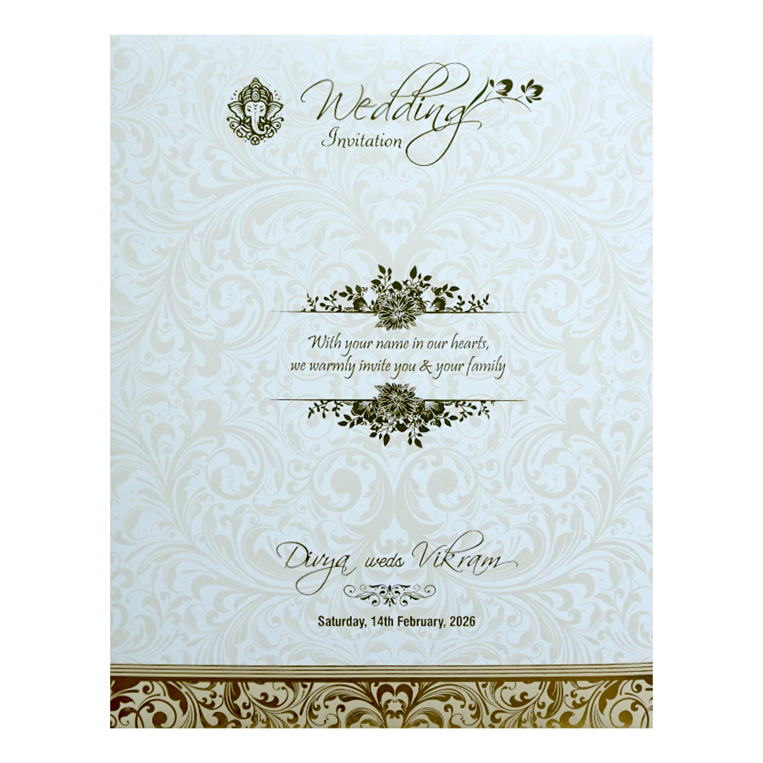 White Jumbo Screen Embossed Floral With Ganesha And Name Plate-King of Cards