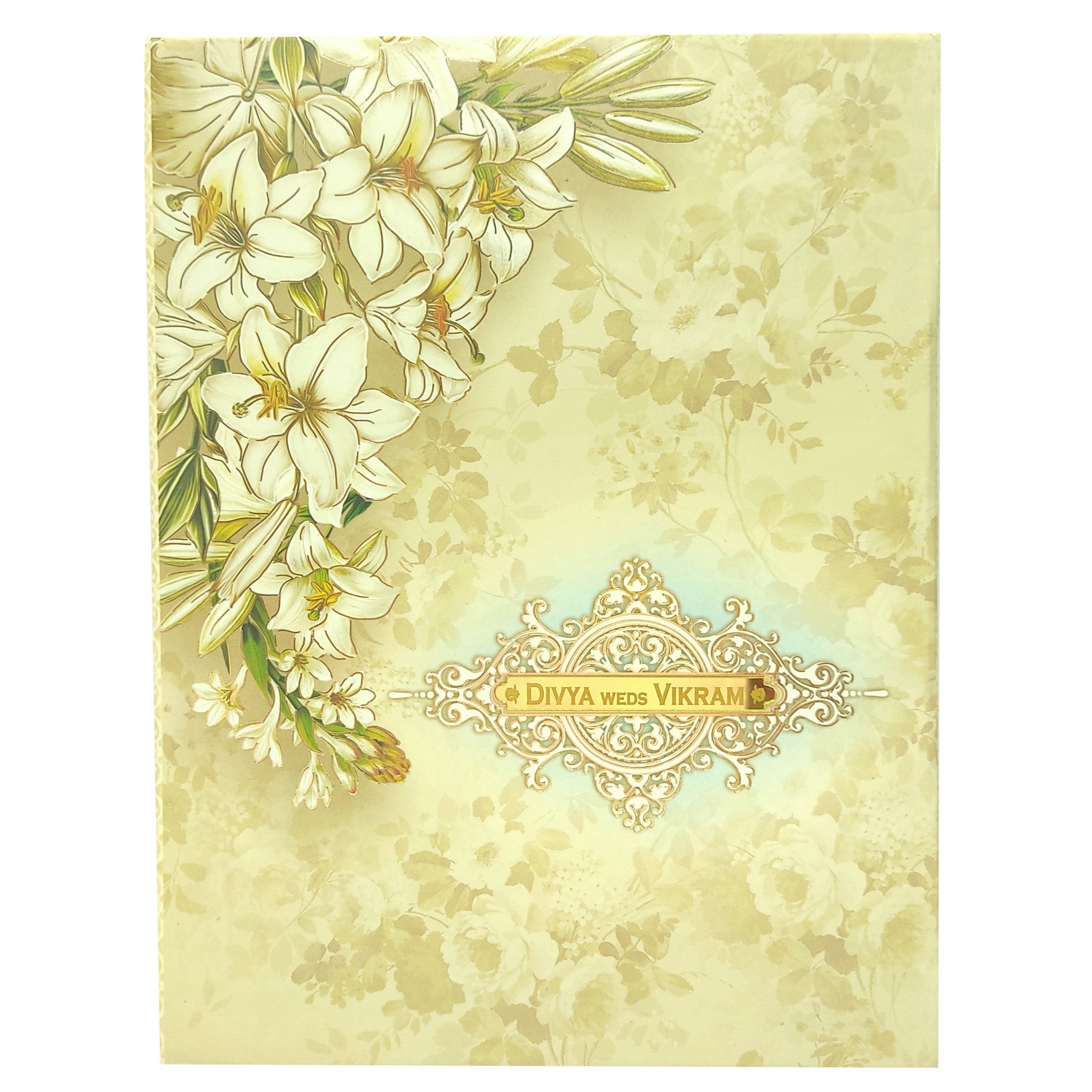 Cream Floral Padded Card In Offset Print With Name Plate-KNPO1505C