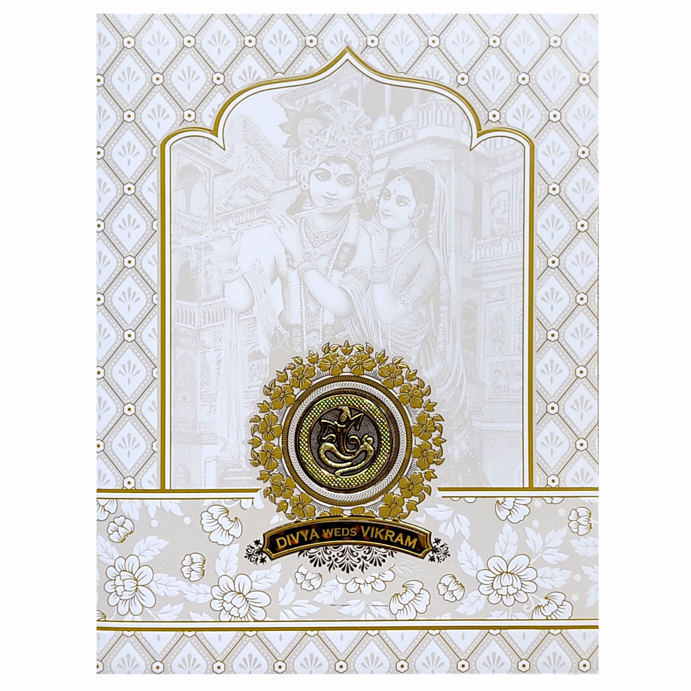 White Radhe Krishna Nameplate Invitation Card-KNJS2082