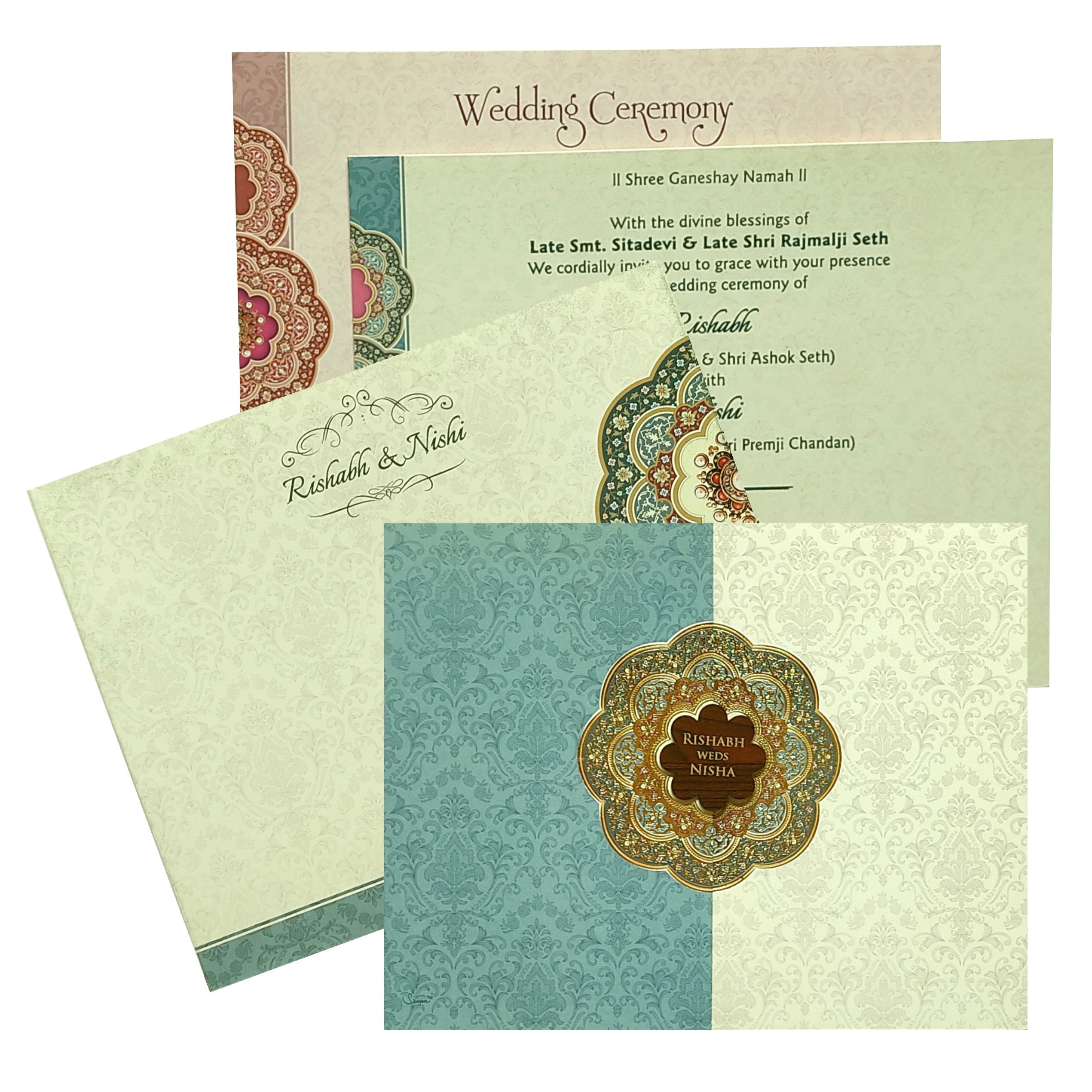 Selling Blue white door invitation card online. Buying invitation cards made easy with King of Cards! &