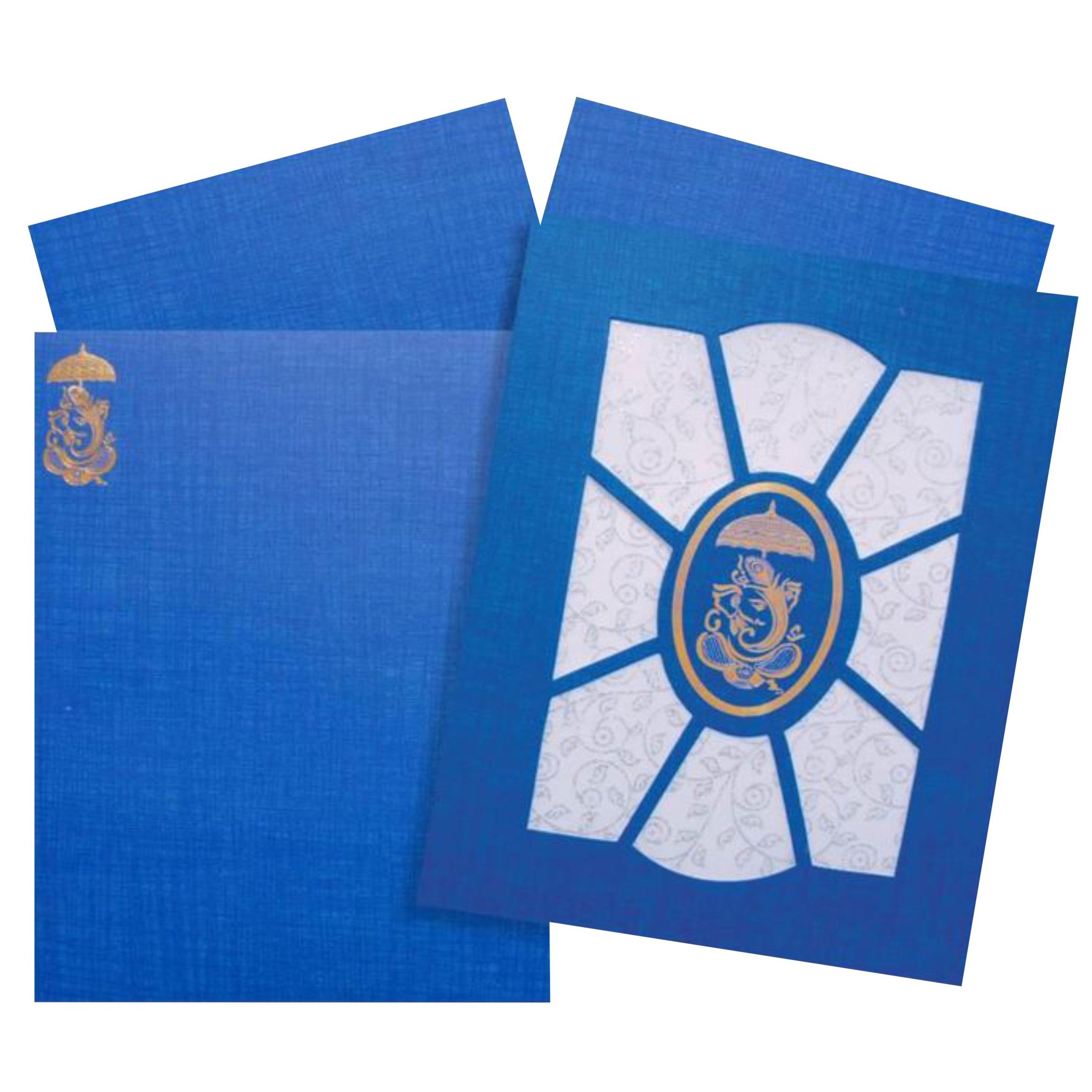 Blue traditional die cut invite with white wolly and a floral touch in silver. It also includes a Ganesha design in the center printed in gold foiling.