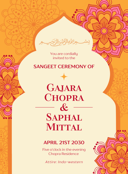 Orange Pink Red Ornamental Wedding Invitation-EINK0047